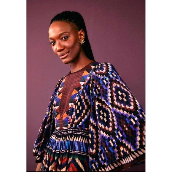 FARM Rio Maxi Dress M Blue Ainika Tapestry Tribal Aztec High Neck Party Resort - Picture 4 of 13